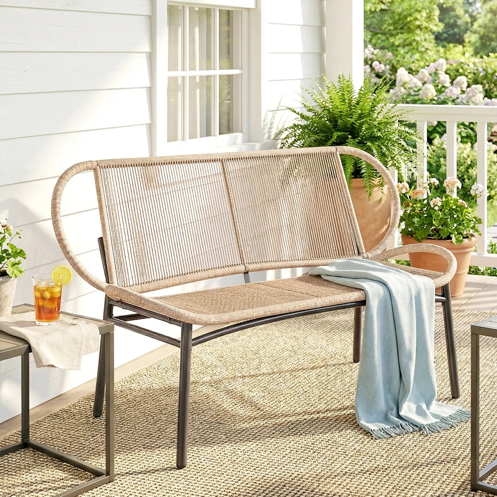 Outsunny Bancă de grădină 2 locuri, banc exterior din rășină împletită cu cadru metalic, rezistent la intemperii, natural | Aosom Romania