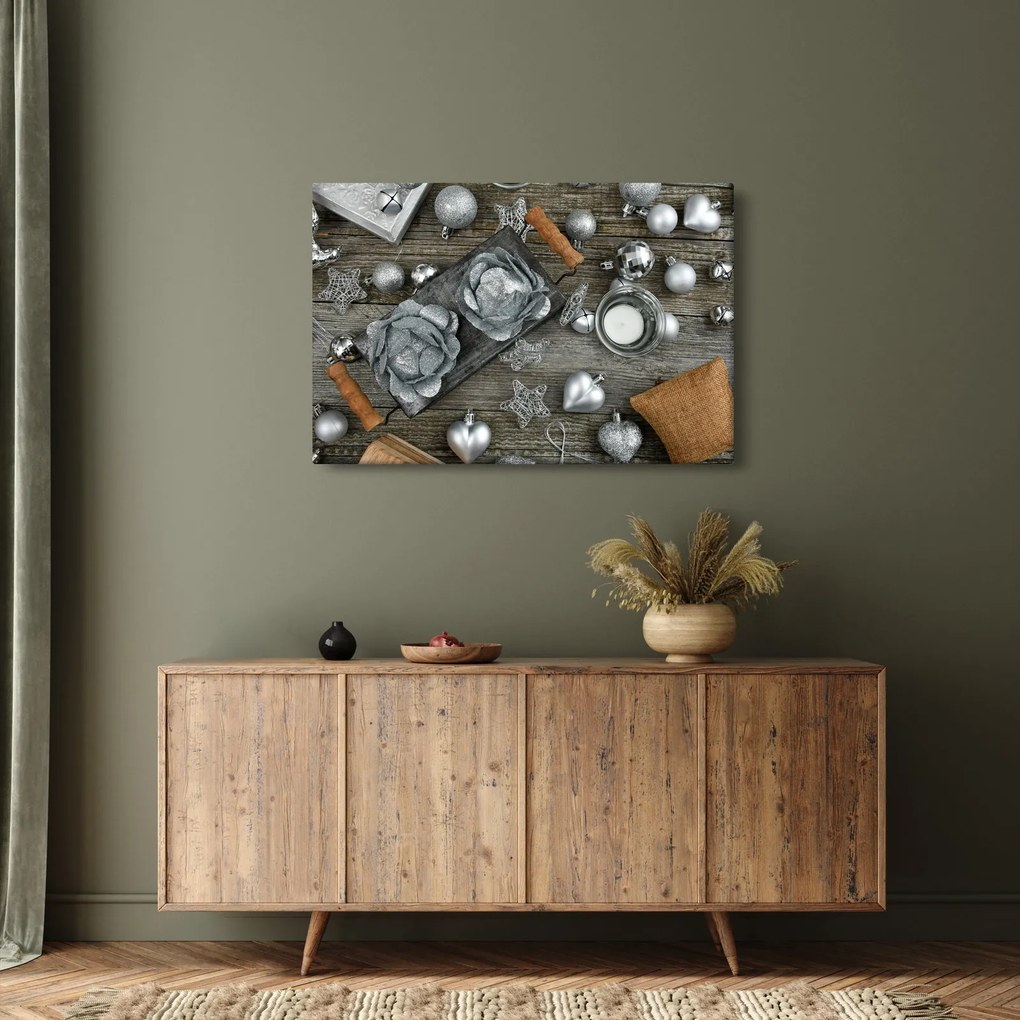 Tablou - decorațiuni argintii de Crăciun (90x60 cm)