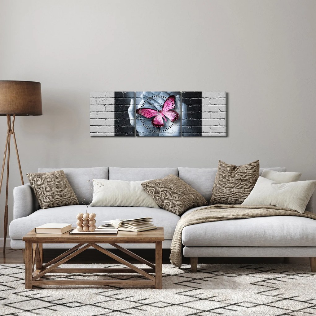 Tablou - Fluture roz în perete (cu ceas) (90x30 cm)