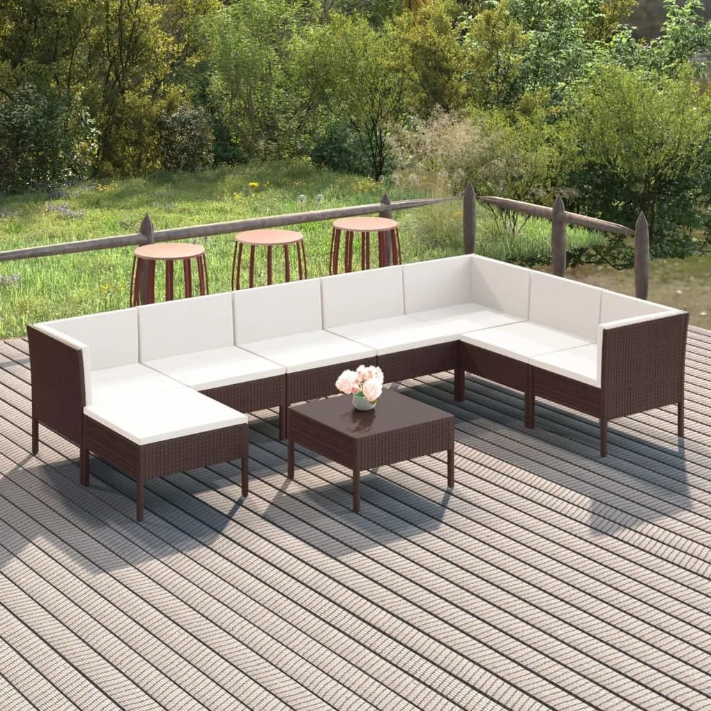 3094423 vidaXL Set mobilier de grădină cu perne, 9 piese, maro, poliratan