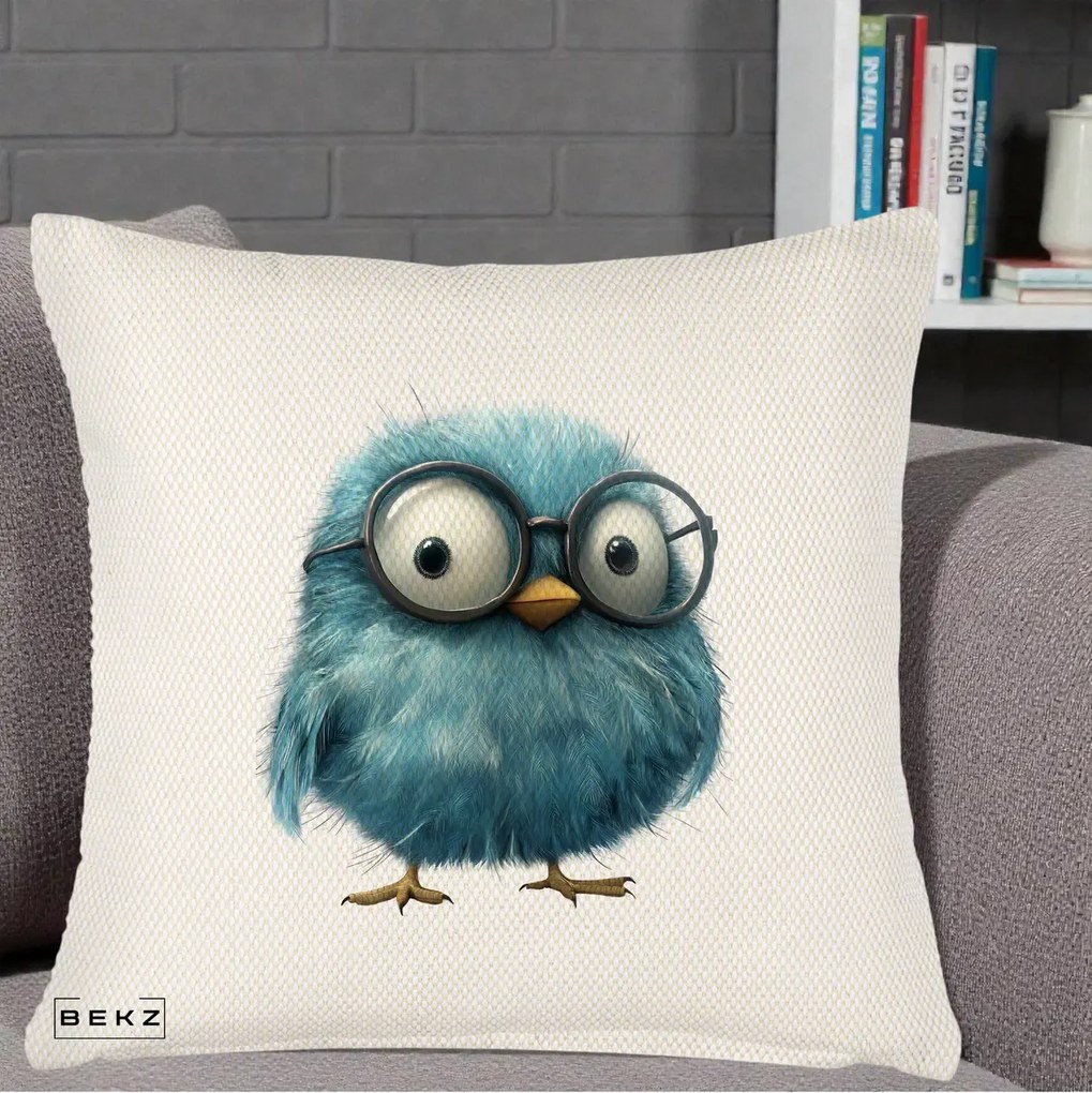 Perna Decorativa Pui Pufos Teal cu Ochelari, 40x40 cm, Crem Reliefat, Husa Detasabila, Perna Inclusa, BEKZ®