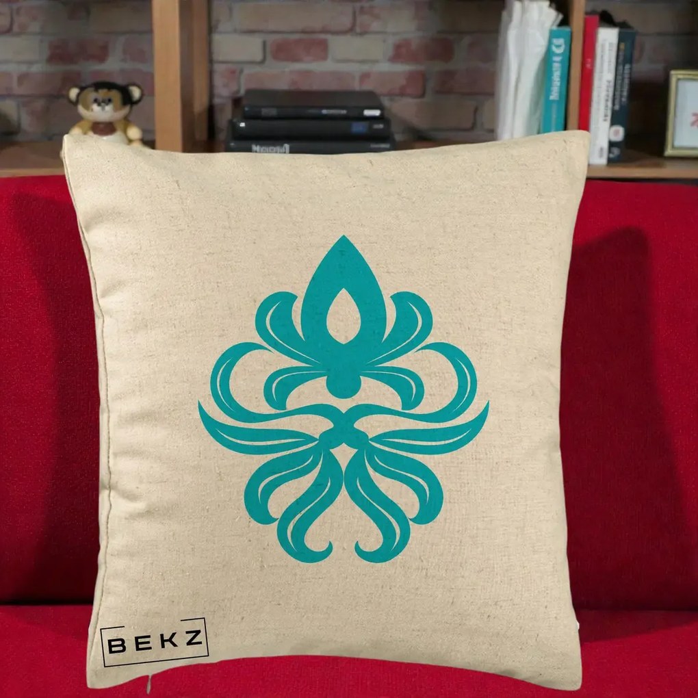 Perna Decorativa Ornament Turcoaz Fleur de Lis, 40x40 cm, Bej, Husa Detasabila, Perna Inclusa, BEKZ®