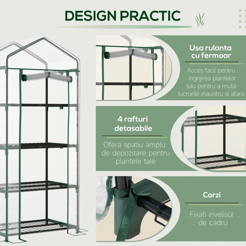 Outsunny Sera pentru Balcon Compacta cu 4 Rafturi pentru Plante, Sera pentru Gradina cu Acoperis din PVC Transparent, 70x50x160cm | Aosom Romania