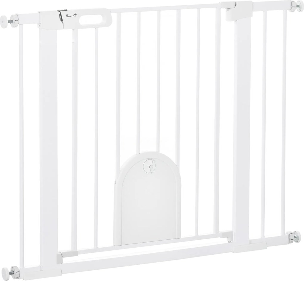 PawHut Barieră Reglabilă pentru Câini cu Ușă Mică, Montare prin Presiune și Închidere Automată, Dimensiune 75-103x76 cm, Alb | Aosom România