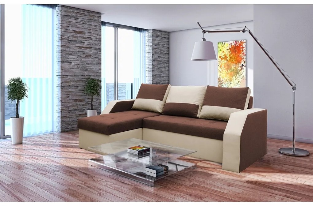 Coltar extensibil Madrid, 226x145x79 cm, 2 lazi depozitare, Reversibil, Maro/Bej