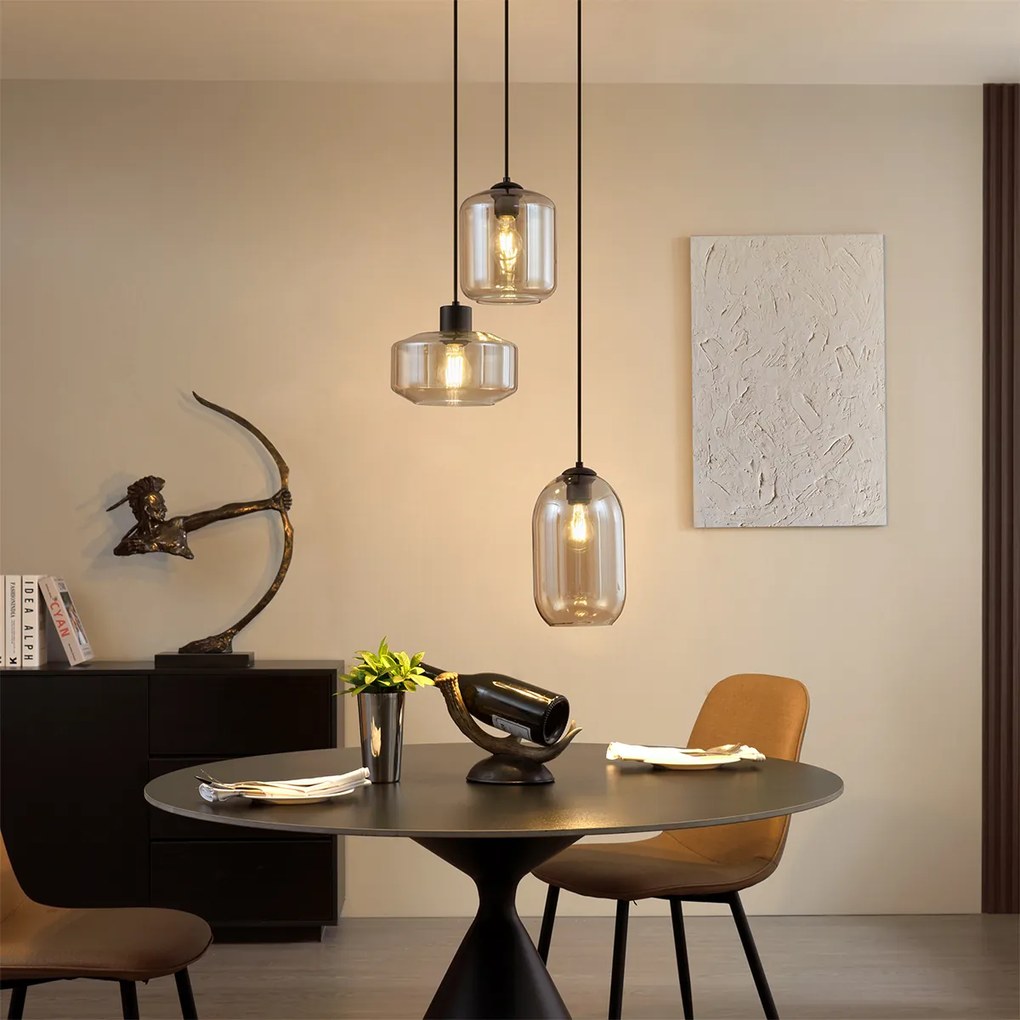 Lampă suspendată modernă neagră cu sticlă ambră cu 3 lumini - Sheena