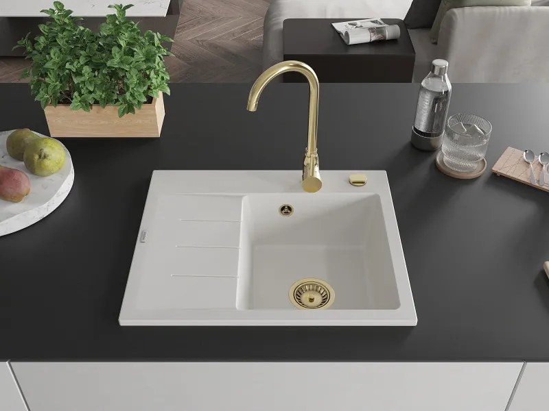 Mexen Ben chiuvetă granit cu 1 compartiment și scurgător, dreapta 600 x 500 mm, alb, sifon auriu - 6523605000-20-G