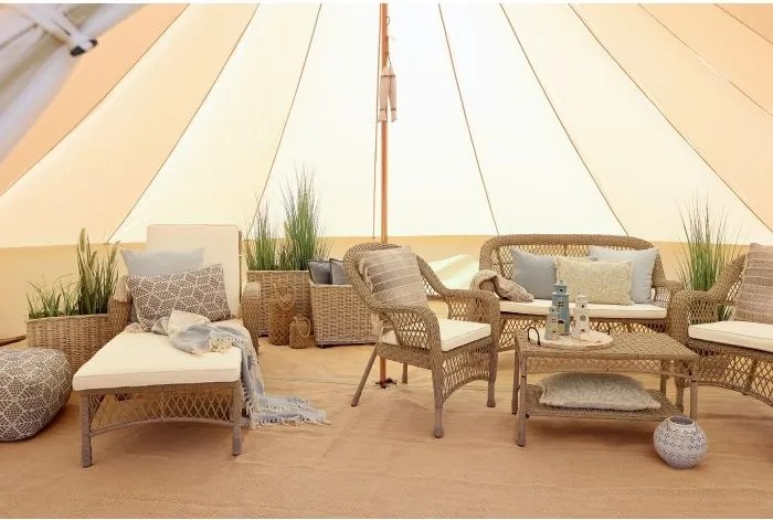 Set lounge exterior boho chic din rattan sintetic cu canapea, 2 fotolii și măsuță, perne incluse, "Riviera"