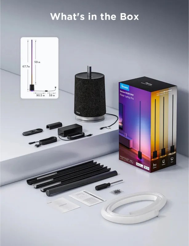 Smart LED lampa pentru podea Govee Pro RGBICWW H6079, 170 cm, 48 W, 2100 lm, 6500 K, Wi-Fi, Bluetooth, Govee Home, Negru