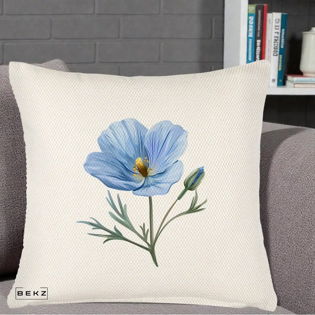 Perna Decorativa Mac Albastru Acuarela, 40x40 cm, Crem Reliefat, Husa Detasabila, Perna Inclusa, BEKZ®