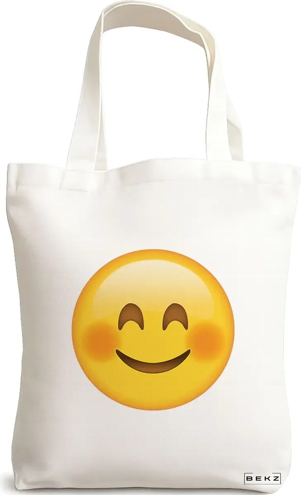 Sacosa de Panza pentru Cumparaturi, Geanta Tote, model Smiling Emoji, 38x34.5 cm, Alba, BEKZ®