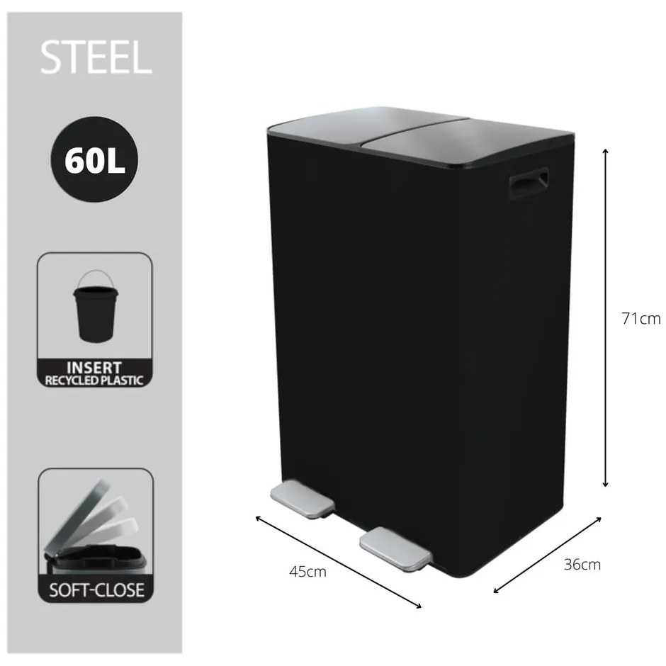 Coș de gunoi negru mat pentru reciclare/cu pedală 2x30 l din oțel Aliya – Spirella