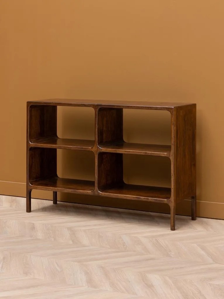 Consolă din lemn de mango, cu 4 rafturi, maro antichizat, finisaj satinat, 111.5×35.5×76.5 cm, „Kwarto"