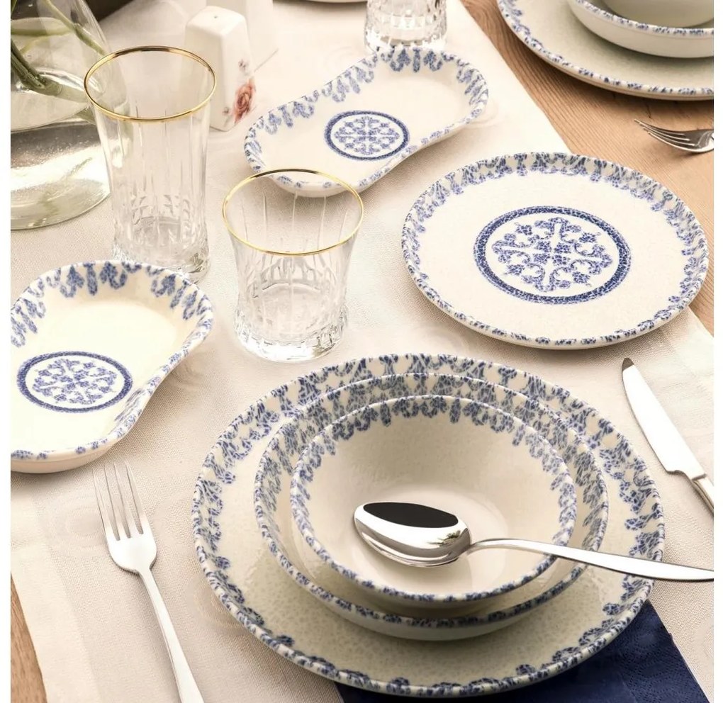 Set veselă 27 piese din porțelan, alb/albastru