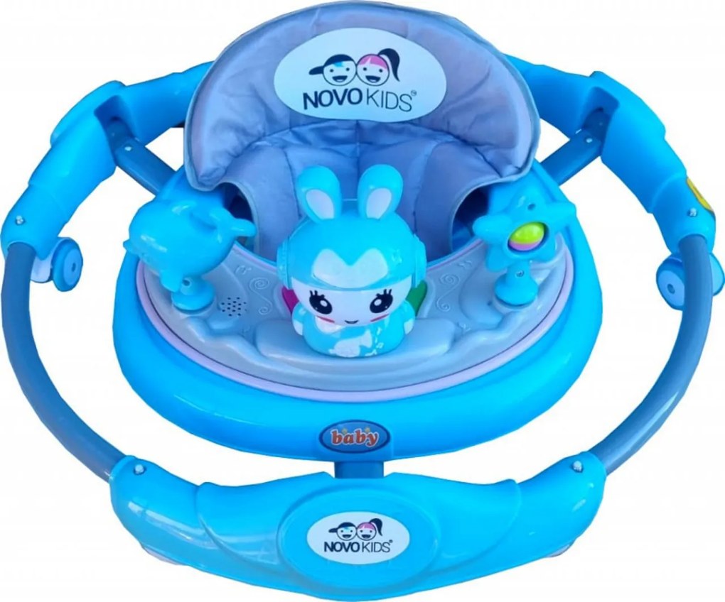 Premergator reglabil in 6 trepte de inaltime NOVOKIDS™ Happy Bunny, Cu melodii si lumini, Pliabil, Max 20 kg, Roti silentioase, Model Iepuras,