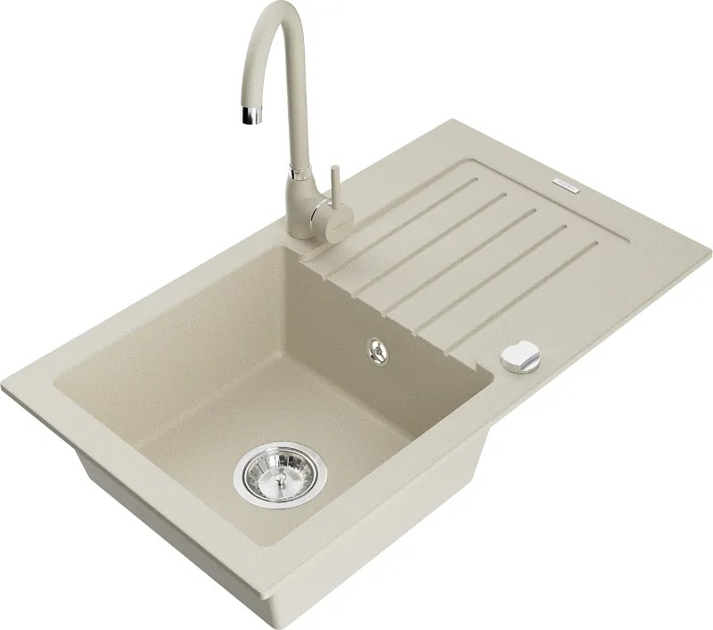 Mexen Pablo chiuvetă din granit cu 1 compartiment, cu scurgător și robinet de bucătărie Telma, bej - 6510-69-670200-69