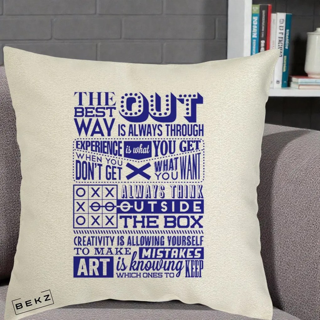 Perna Decorativa Citate Creativitate Albastru, 40x40 cm, Ecru, Husa Detasabila, Perna Inclusa, BEKZ®