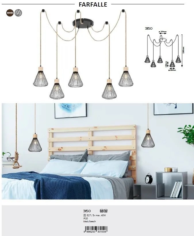Lustra cu 5 pendule design industrial Farfalle negru
