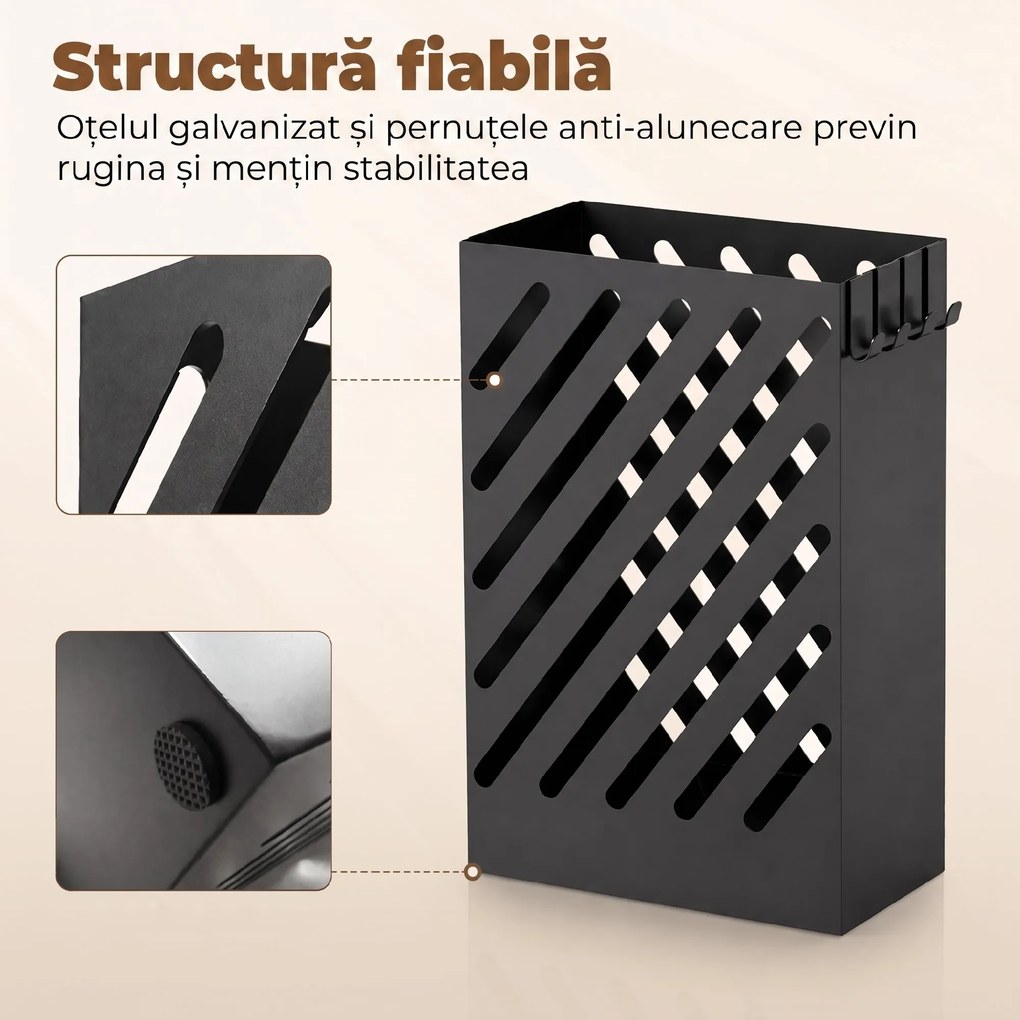 HOMCOM Suport pentru Umbrele de Design cu Tavă pentru Colectarea Picăturilor și 4 Cârlige din Metal, 28x14x41cm, Negru | Aosom Romania