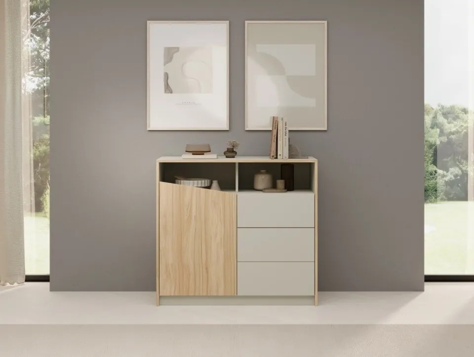 Comodă cu usa si trei sertare, 100x40x91 cm, Atson, ADRK Furniture (Culoare: Stejar / Gri Bej)
