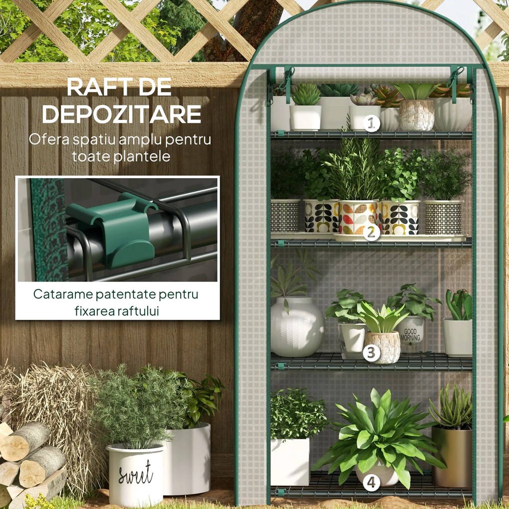 Outsunny Sera de Gradina cu Rafturi din Metal si Copertina din PE, Sera pentre Legume cu Usa Rulou 80x49x160cm, Verde | Aosom Romania