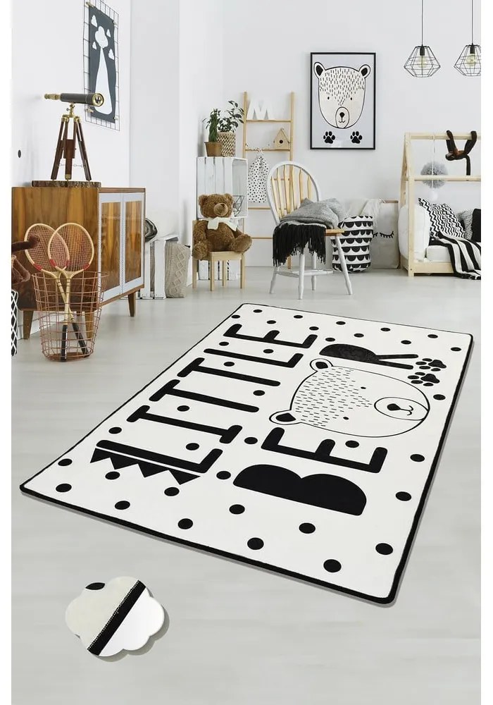 Covor antiderapant pentru copii Conceptum Hypnose Little Bear, 100 x 160 cm, alb - negru