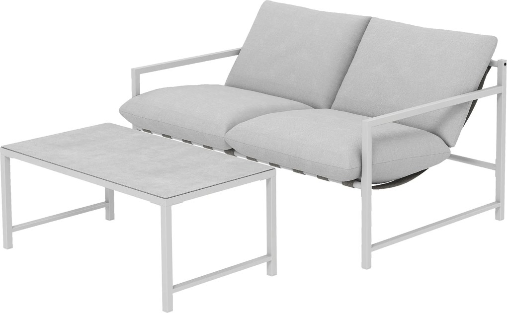 Outsunny Set mobilier de grădină exterior 2 piese, canapea cu perne, masă de cafea cu blat din sticlă securizată marmorat 3D, 125x80x64cm, gri deschis | Aosom Romania