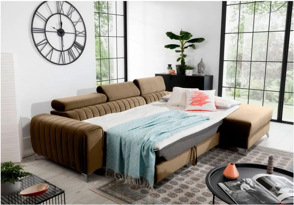 Colțar maro deschis extensibil/cu spațiu de depozitare cu tapițerie din catifea (cu colț pe partea dreaptă/cu șezlong) Grayson – ELTAP