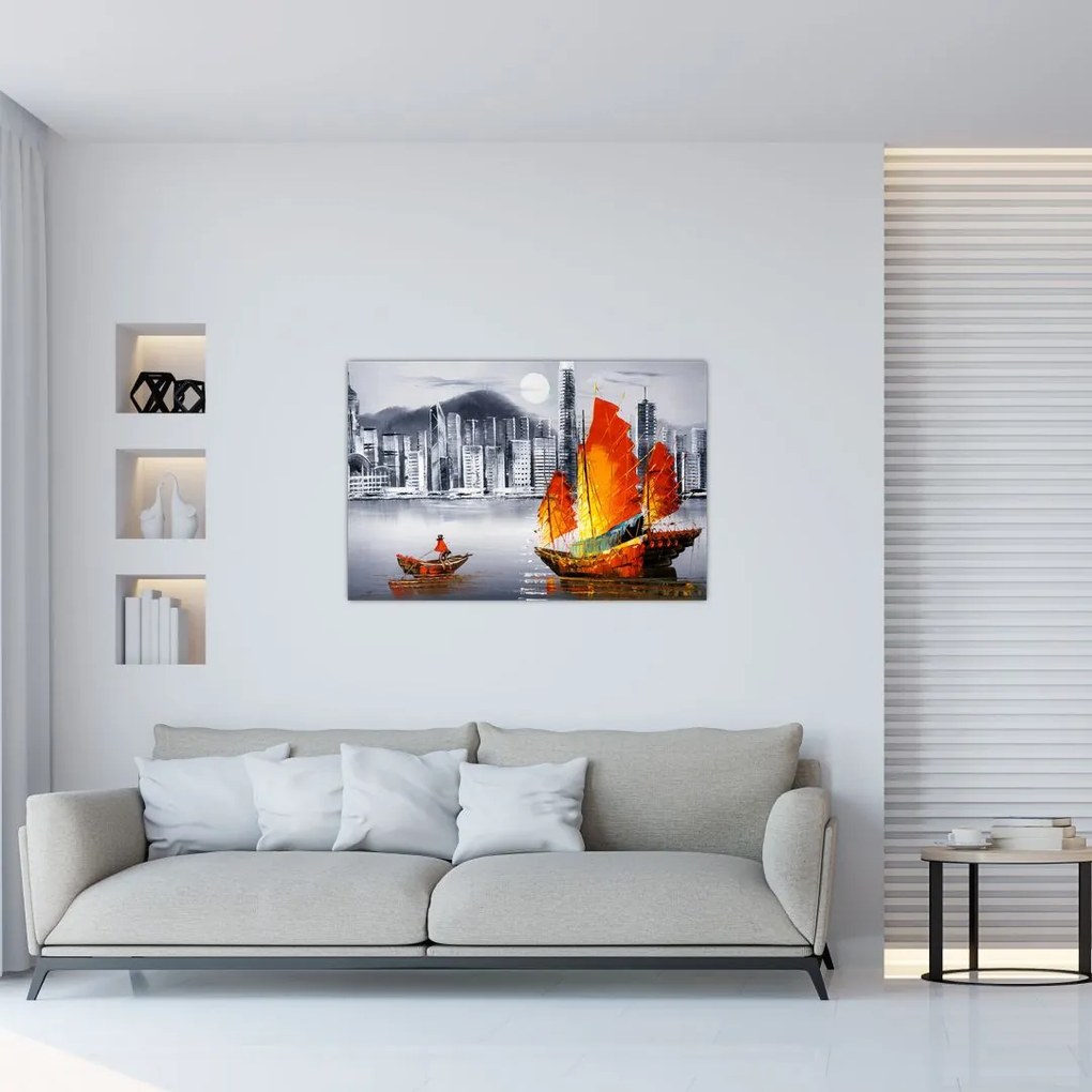 Tablou - Victoria Harbour, Hong Kong, pictură în ulei alb- negru (90x60 cm)