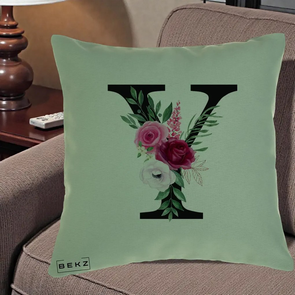Cadou Personalizat - Perna Personalizata Monograma Florala Litera Y cu Buchet, 40x40 cm, Verde, Husa Detasabila, Perna Inclusa, BEKZ®