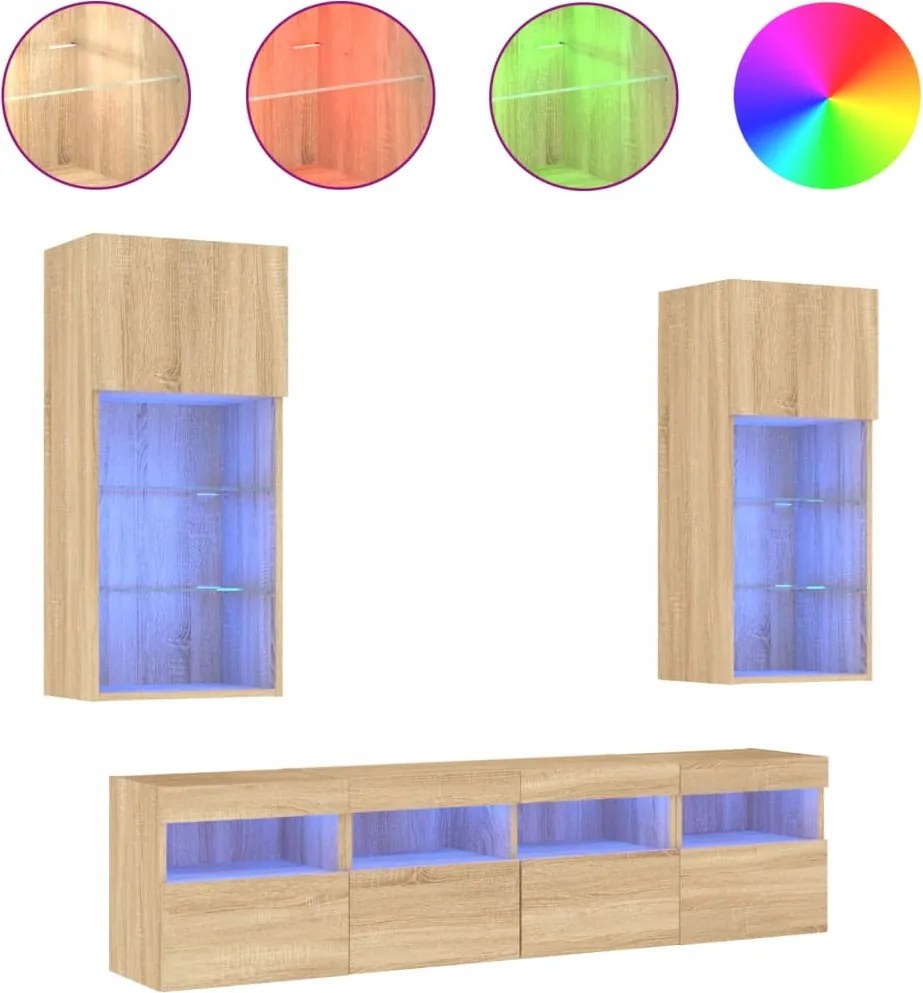 3216745 vidaXL Unități de perete TV cu LED-uri, 5 piese, stejar sonoma, lemn