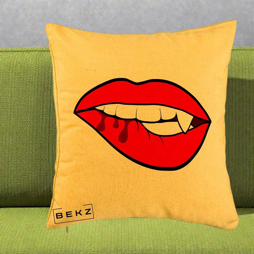 Perna Decorativa Vampire Lips Halloween, 40x40 cm, Galben, Husa Detasabila, Perna Inclusa, BEKZ®