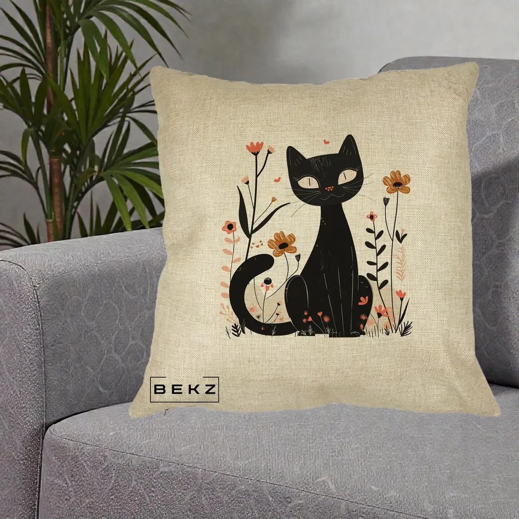 Perna Decorativa Pisica Neagra Flori Pastel Folk, 40x40 cm, Crem, Husa Detasabila, Perna Inclusa, BEKZ®