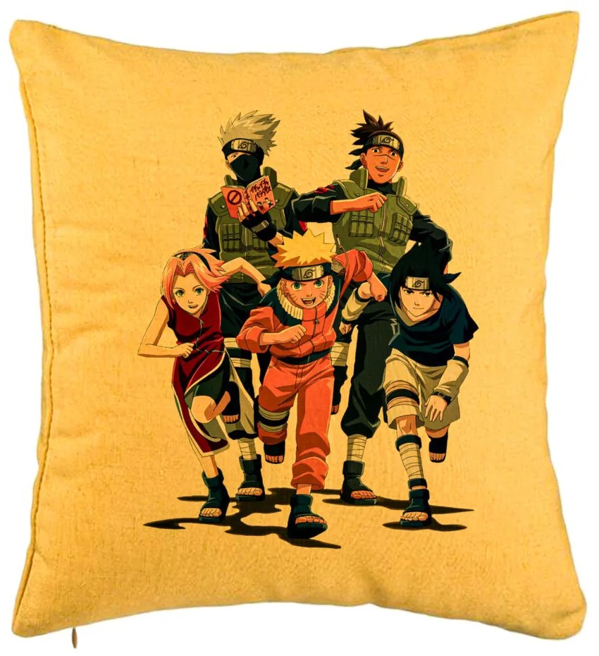 Perna Decorativa cu Naruto team, 40x40 cm, Galben, Husa Detasabila, Burduf