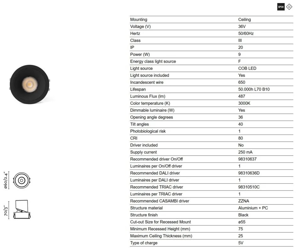 Spot LED incastrabil tavan orientabil LOX 3000K negru