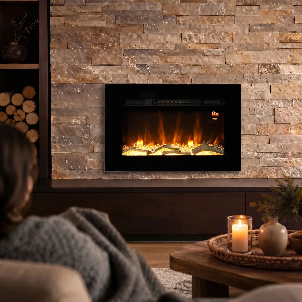 HOMCOM Șemineu Electric de 60 cm, Încastrat sau de Perete, 1800 W, Temporizator 24 de Ore, Flacără Reglabilă, Cristale | Aosom Romania