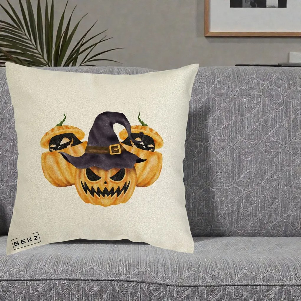Perna Decorativa Trio Dovleci Jack-o-Lantern cu Palarie Vrajitoare, 40x40 cm, Ecru, Husa Detasabila, Perna Inclusa, BEKZ®