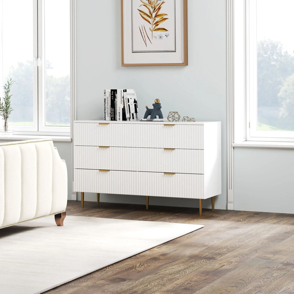 HOMCOM Comodă 6 sertare comodă cameră mobilier de depozitare modernă cu mânere și picioare aurii, 120 x 40 x 76,5 cm, alb | Aosom Romania