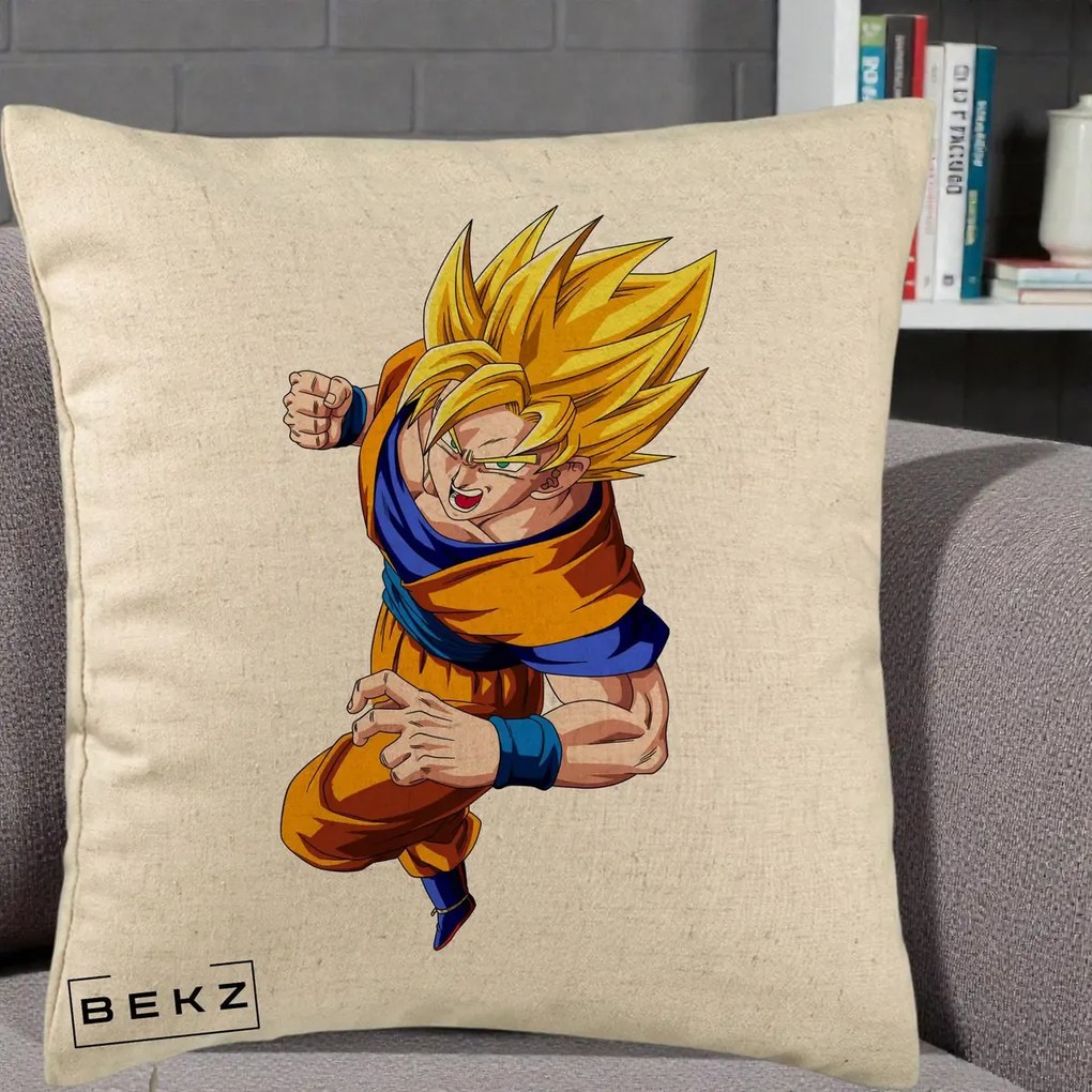 Perna Personalizata Dragon Ball Goku Super Saiyan 2 Lupta, 40x40 cm, Bej, Husa Detasabila, Perna Inclusa, BEKZ®