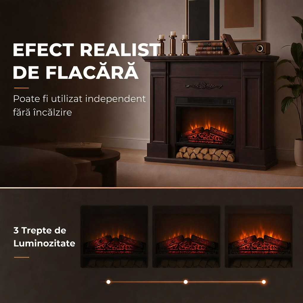 HOMCOM Șemineu electric de podea/încastrabil, 1800 W, cu ramă, raft pentru TV de până la 55", efect de flacără 3D și timer, maro | Aosom Romania