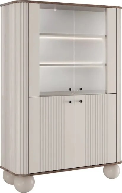 Vitrină cu patru uși Vesper 103 cm - cașmir / nuc / mânere negre / picioare rotunde