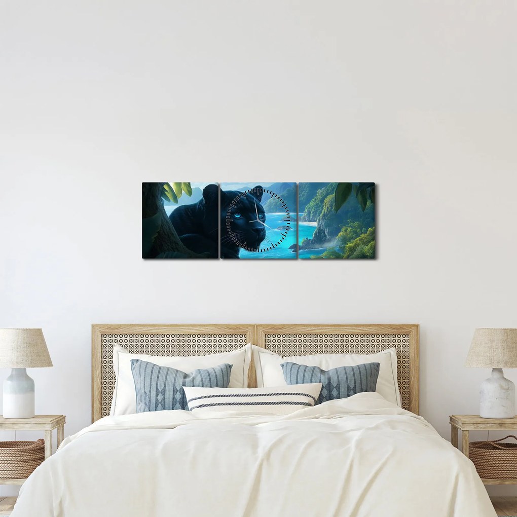 Tablou - Pantera neagră în junglă (cu ceas) (90x30 cm)