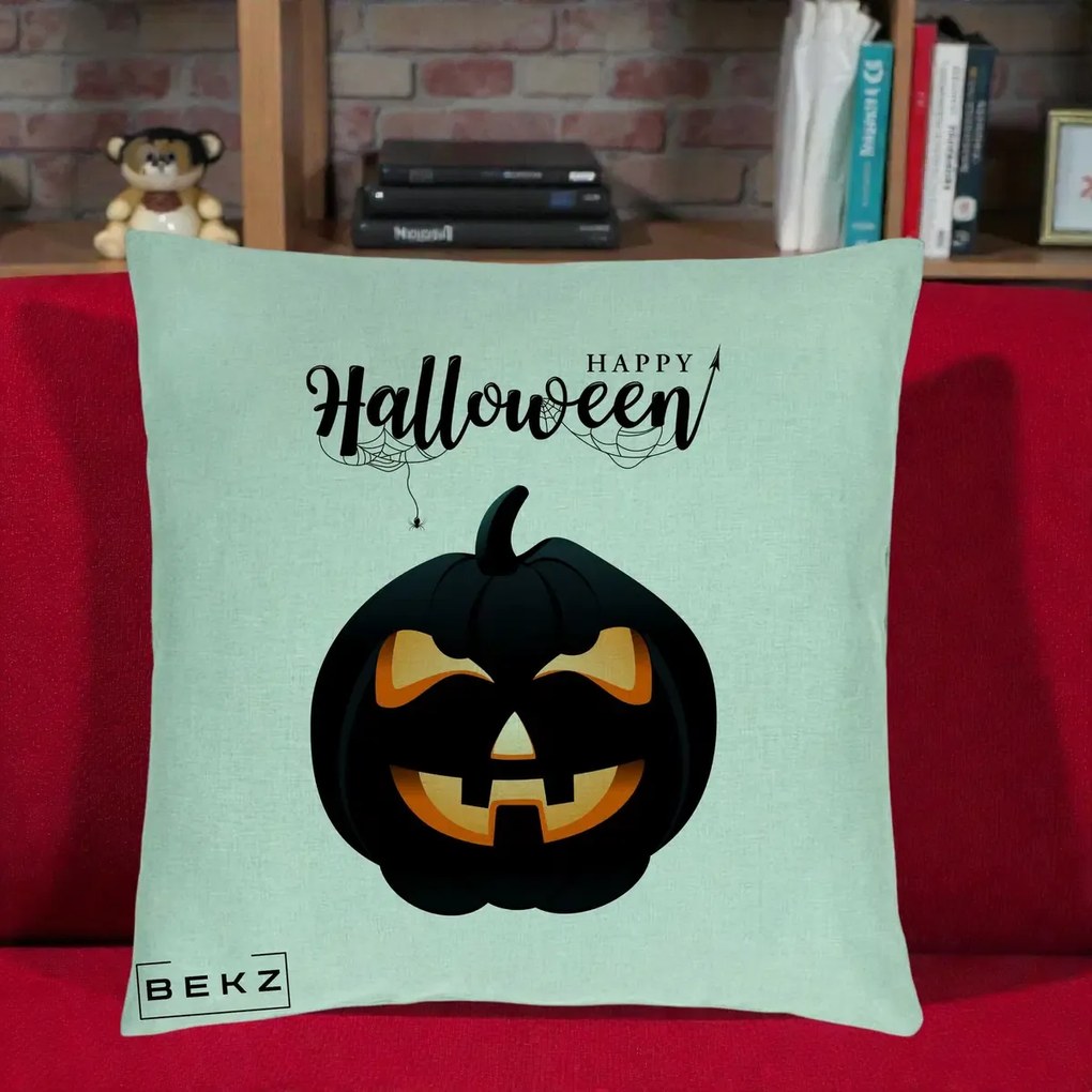 Perna Decorativa Happy Halloween Dovleac Negru cu Paianjen, 40x40 cm, Verde Menta, Husa Detasabila, Perna Inclusa, BEKZ®