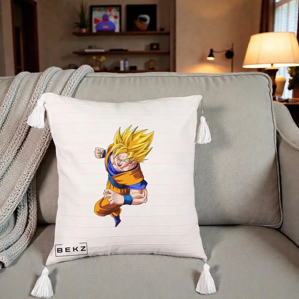 Perna Personalizata Dragon Ball Goku Super Saiyan 2 Lupta, 40x40 cm, Bej cu Franjuri, Husa Detasabila, Perna Inclusa, BEKZ®