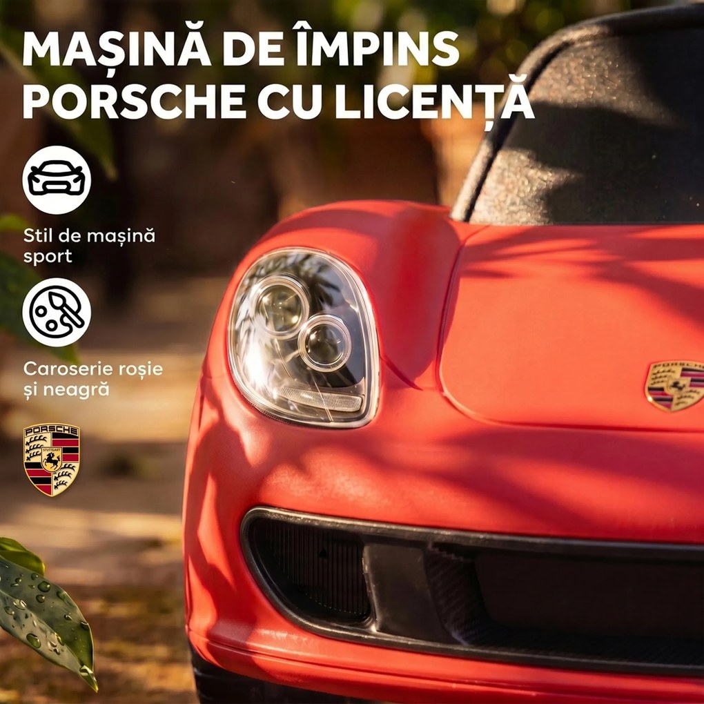 AIYAPLAY Mașinuță de Împins pentru Copii cu Licență Porsche, Claxon, Faruri și Sunet de Pornire, PP, Roșu | Aosom Romania