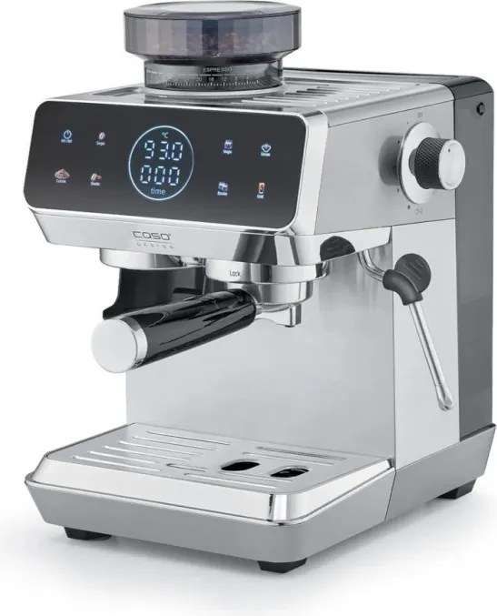 Espressor manual Caso EspressoGourmet&Grind, 1500 W, 20 bar, 1,8 l, Ulka, Spumare lapte, Cold Brew, Comanda tactila, Rasnita, Portafiltru, Otel inoxidabil