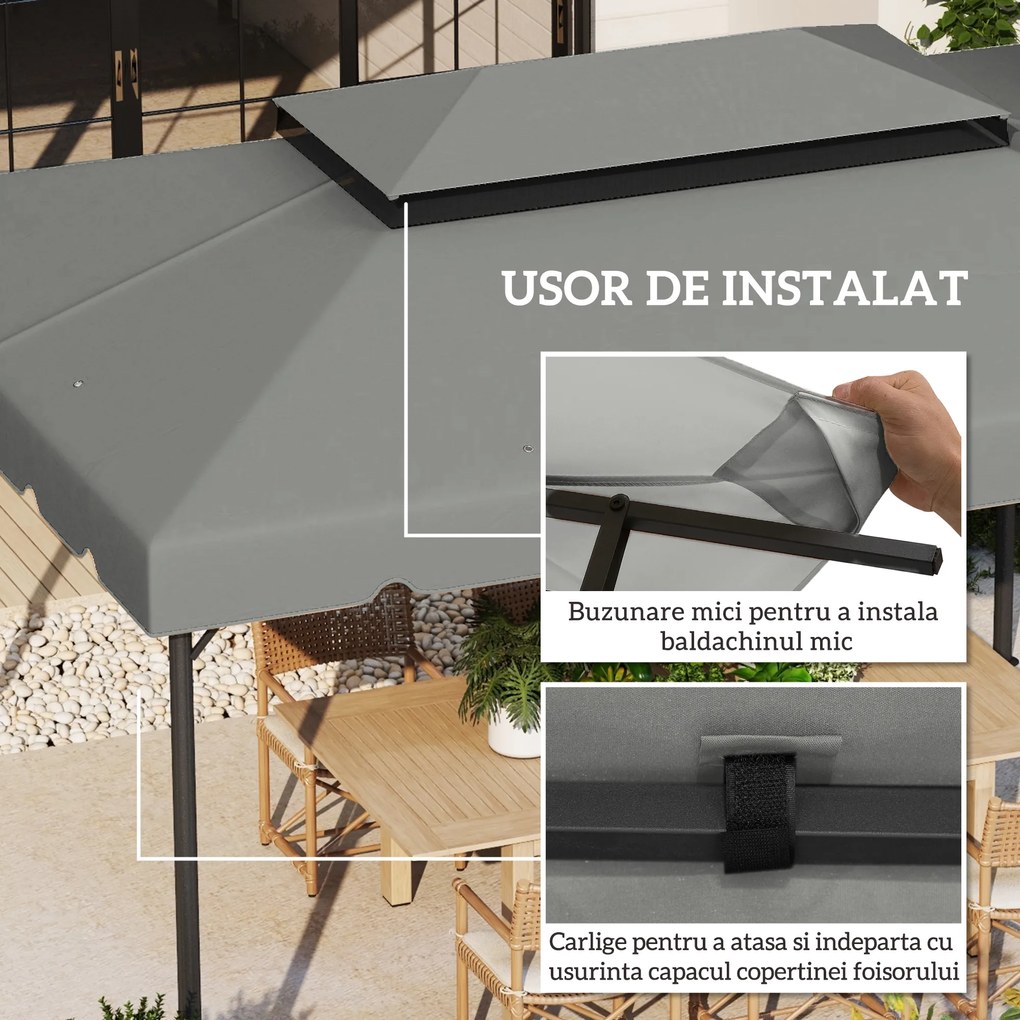 Outsunny Acoperiș de Rezervă pentru Pavilion 4x3 m cu 2 Niveluri pentru Grădină, Copertină Rezistentă la Apă din Poliester 170g/㎡ cu 8 Găuri de Drenaj, Gri Deschis | Aosom Romania