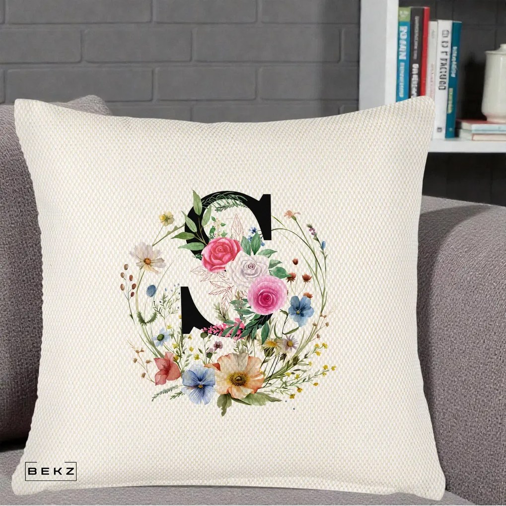 Cadou Personalizat - Perna Personalizata Monogram Litera S cu Flori Acuarela, 40x40 cm, Crem Reliefat, Husa Detasabila, Perna Inclusa, BEKZ®