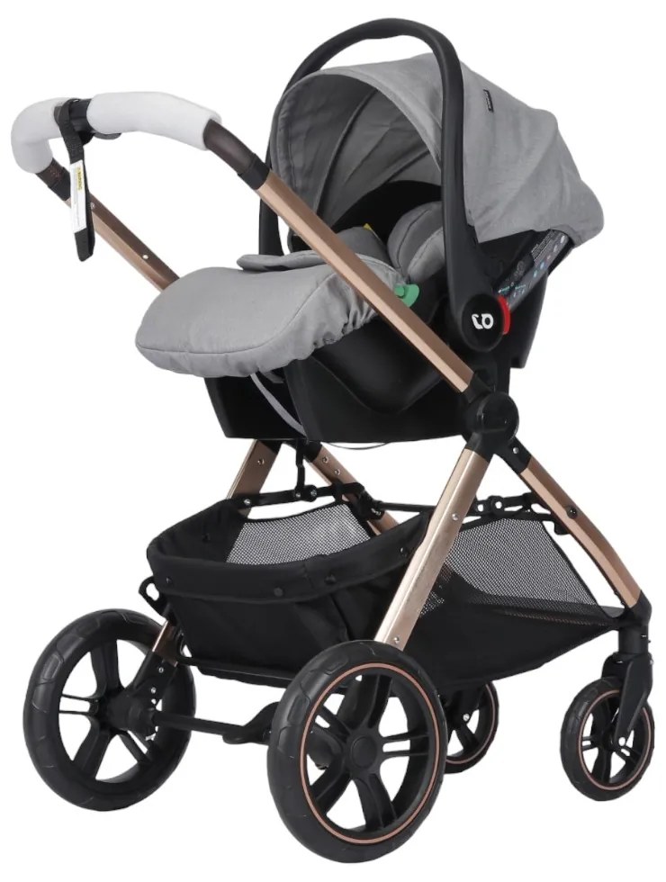 Carucior nou nascuti 3 in 1 NOVOKIDS™ X2000 series, Cu geanta bebe, Cadru Aluminiu Gold, Amortizoare, Roti din cauciuc plin AVE, Landou, Scoica auto,