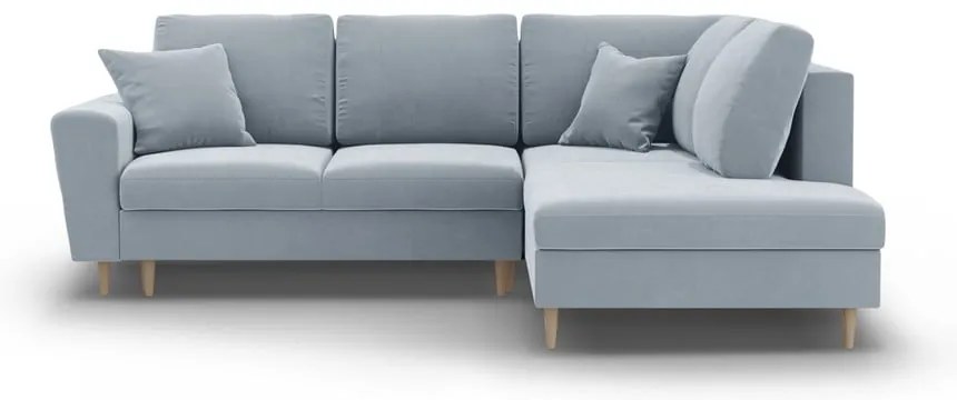 Colțar albastru deschis extensibil, cu spațiu de depozitare cu tapițerie din catifea (cu colț pe partea dreaptă-în formă de ”L”) Kyoto – Cosmopolitan Design